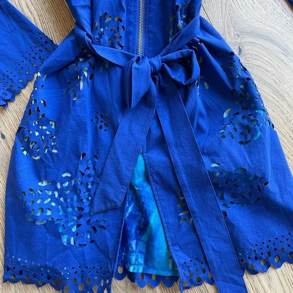 Firmiana Cobalt Blue Laser-Cut Jacket | Zip Front Belted Boho Layer - Picture 5 of 9